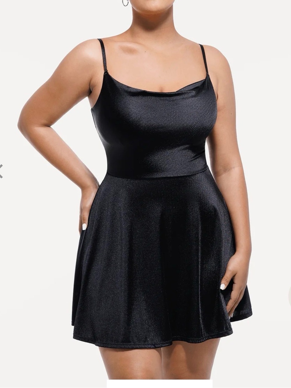 Satin Cowl Neck Black Mini Dress with Spaghetti Straps